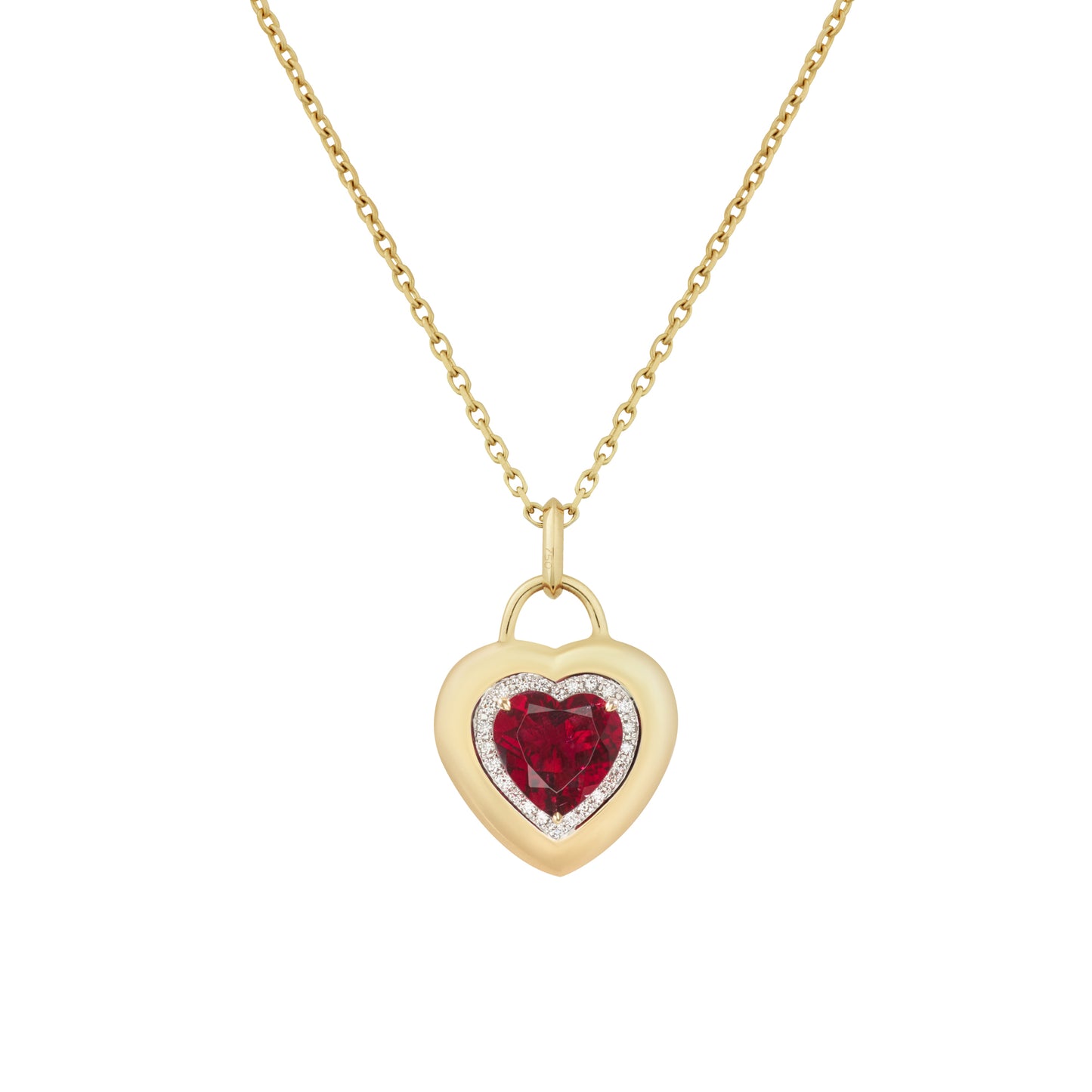 Padlock Heart Pendant in 18ct Yellow Gold with Rubelite & Diamonds